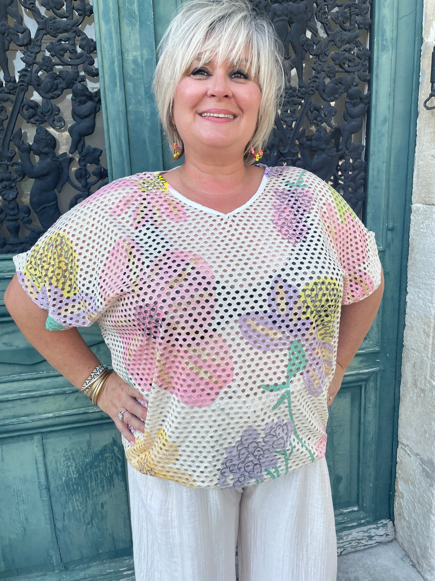 Pull résille "Fleuri Pastel"