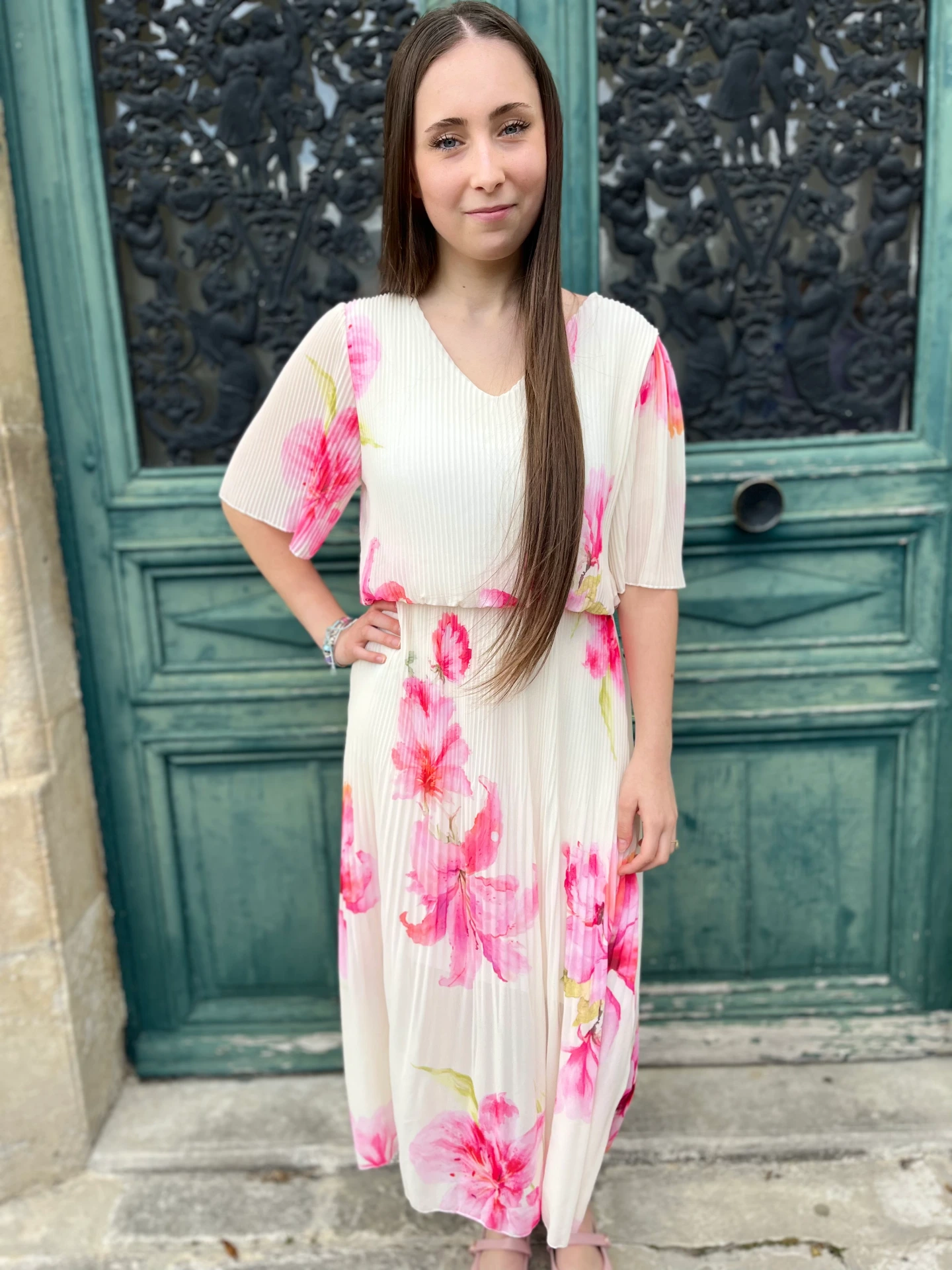 Robe Longue "plissée fleurie" (Rose)