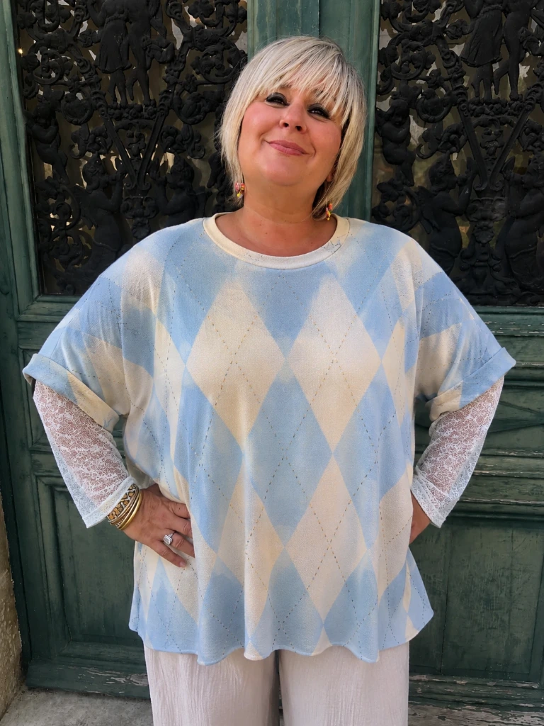 Pull losanges "Dentelle bleu"