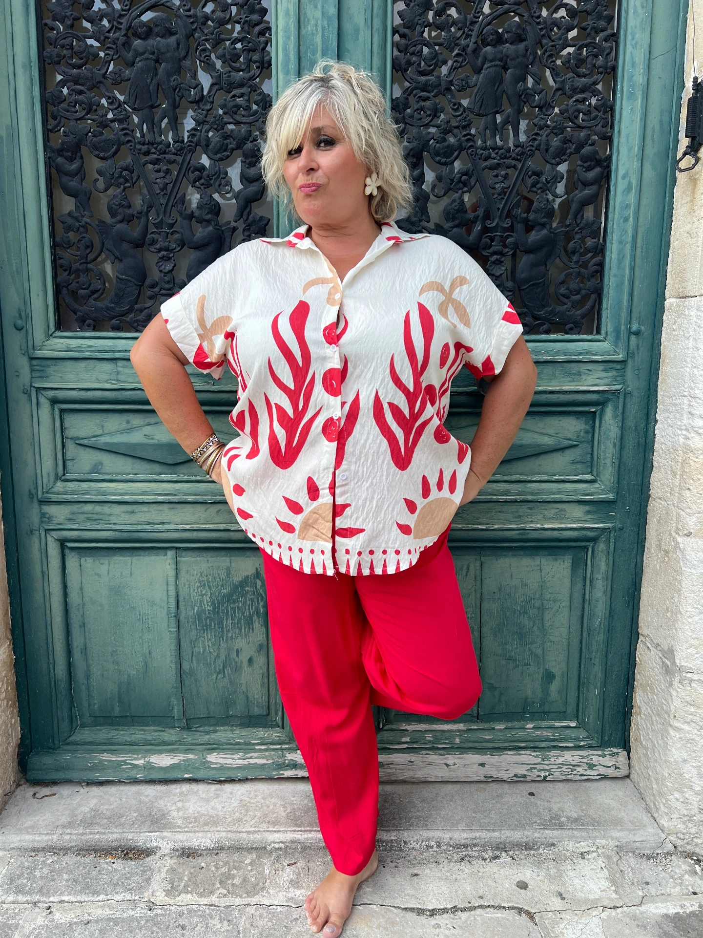 Chemise blanche imprimé rouge & beige